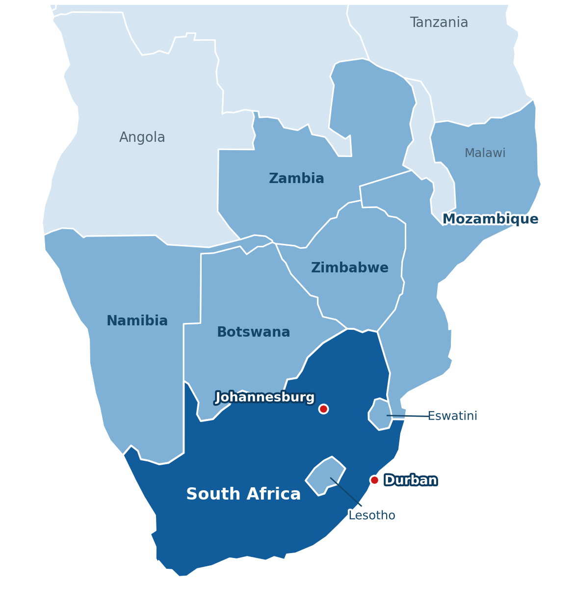 Map of Southern Africa showing South Africa operating today, neighbouring SADC worked previously and wider SADC deployable on contract